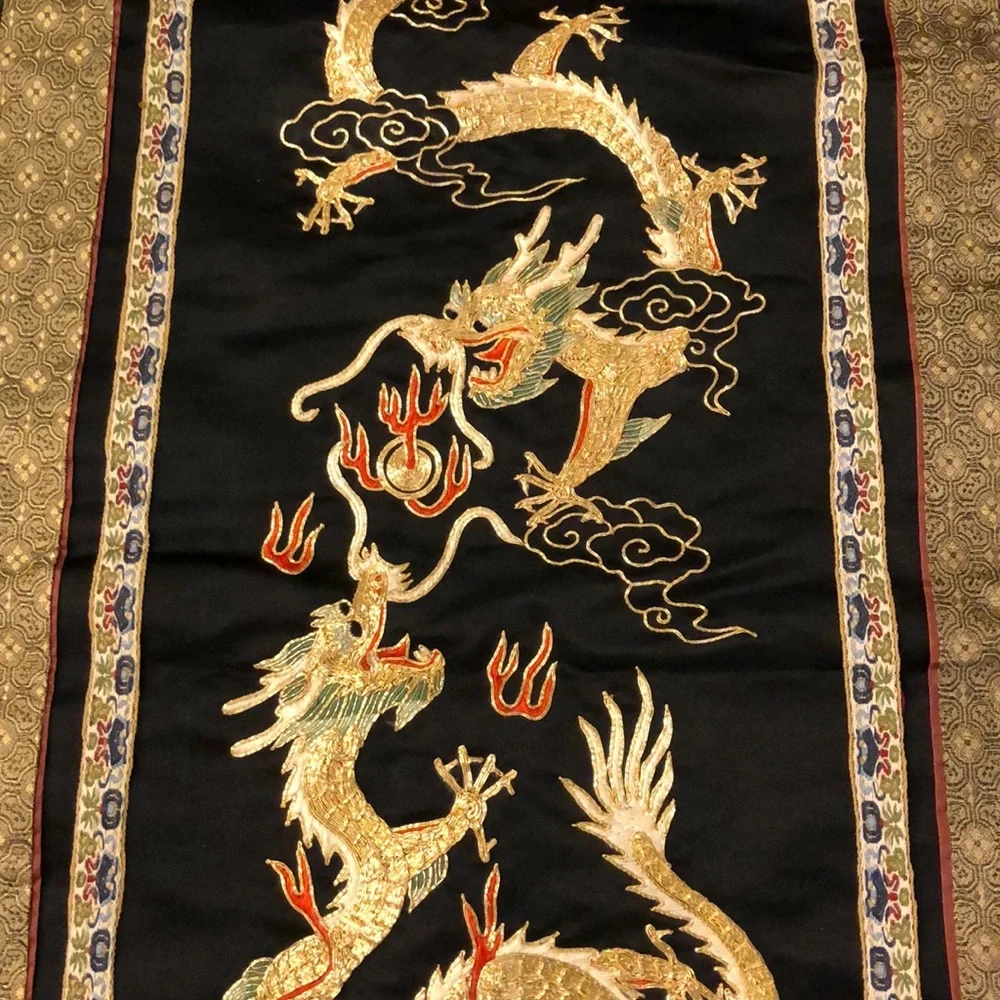 Embroidered Black and Gold Dragon Wall Hanging